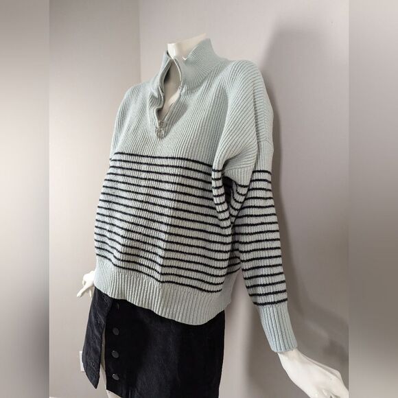 Joan Vass Striped Half-Zip Sweater M Boxy Fit Cropped Classic Knit - Picture 3 of 7